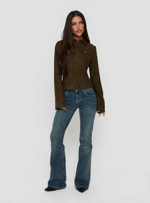 Kelehan Long Sleeve Faux Suede Zip Front Jacket Khaki