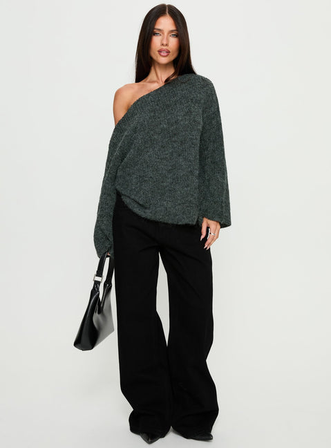 side view of model wearing Princess Polly Delyn Off Shoulder Slouchy Knit Sweater Black Marle 