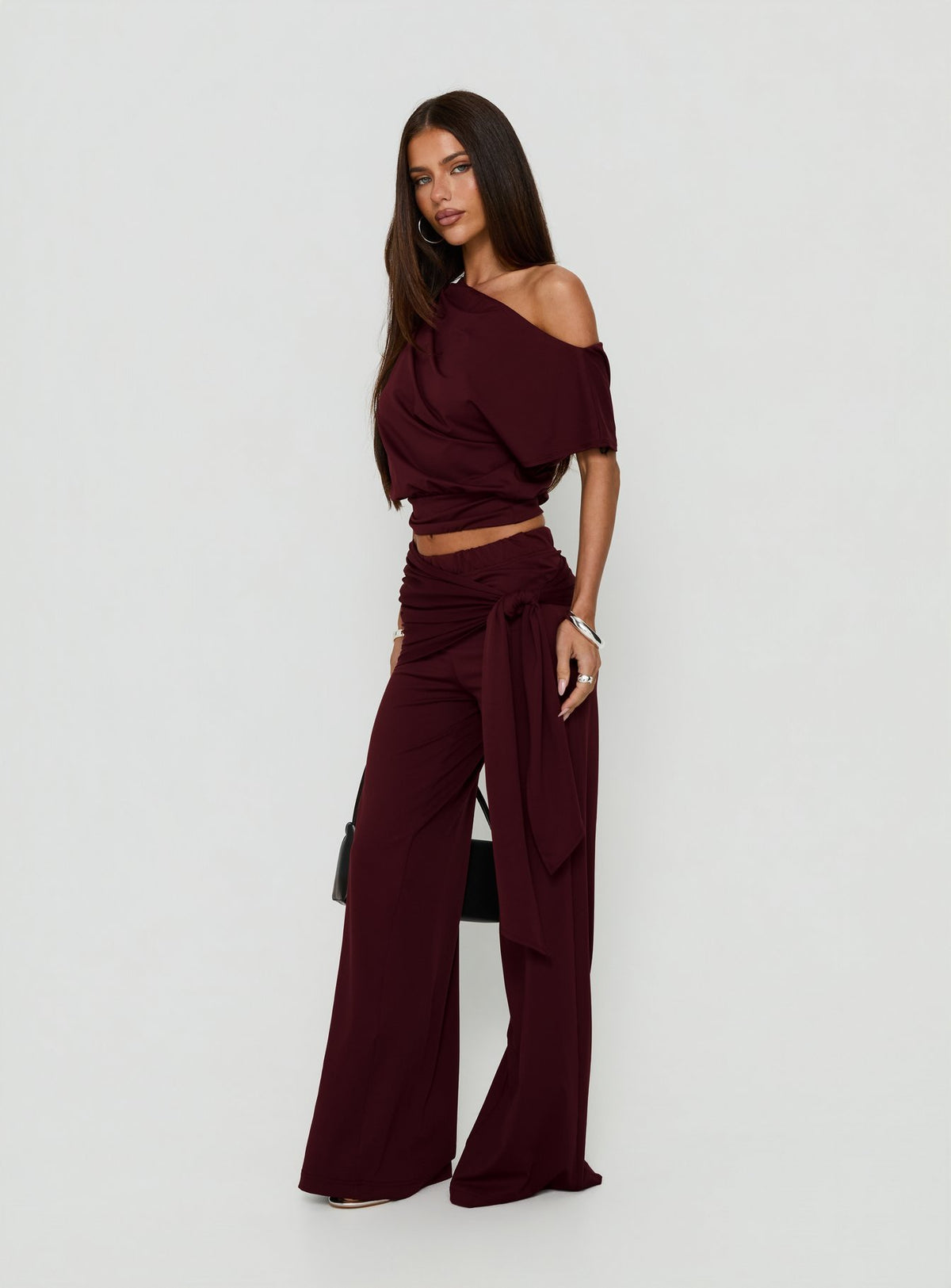 Hadlia Tie Waist Pants Burgundy Petite