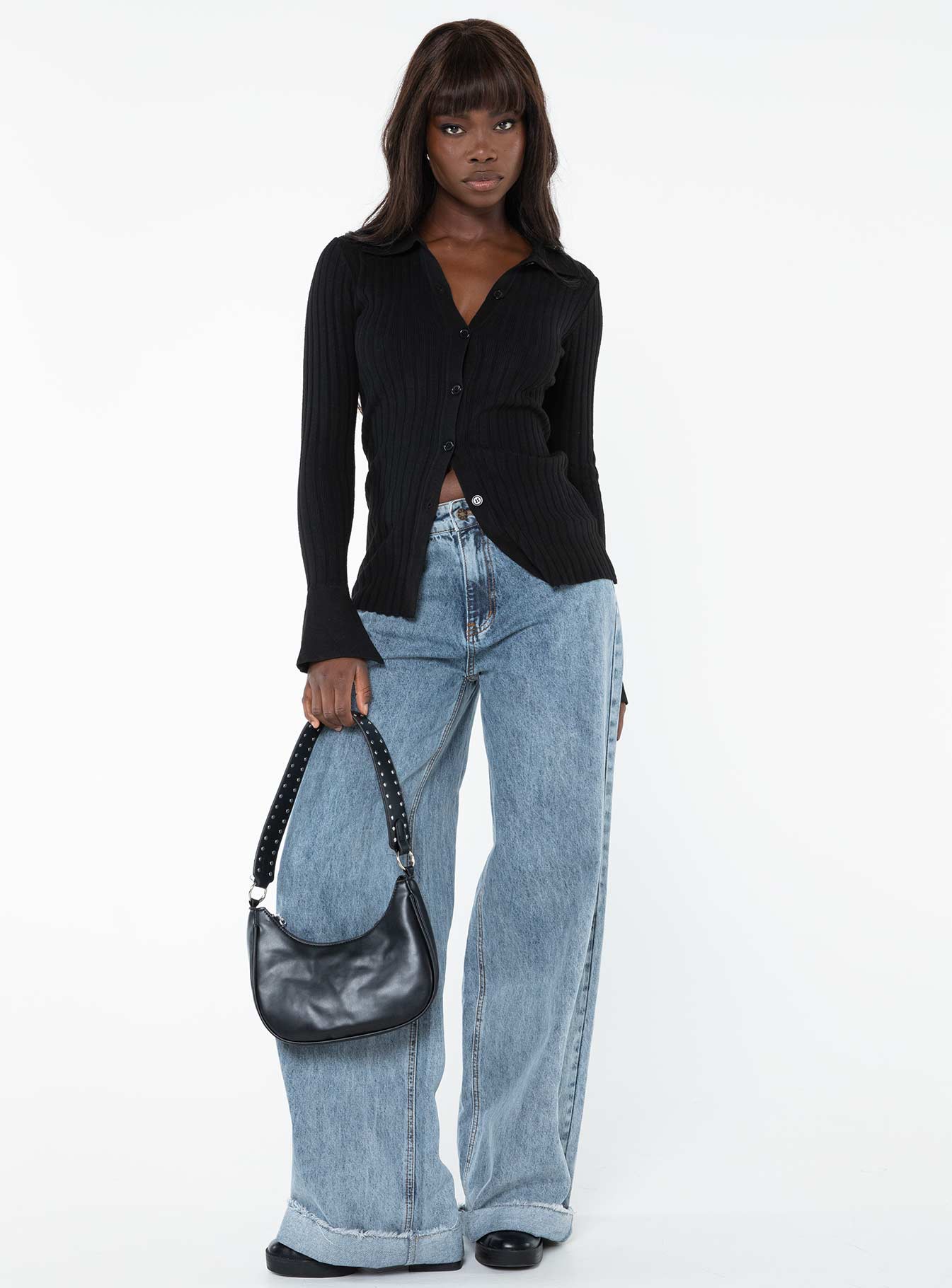 side view of model wearing Princess Polly Anneke Collared Cardigan Black Long 