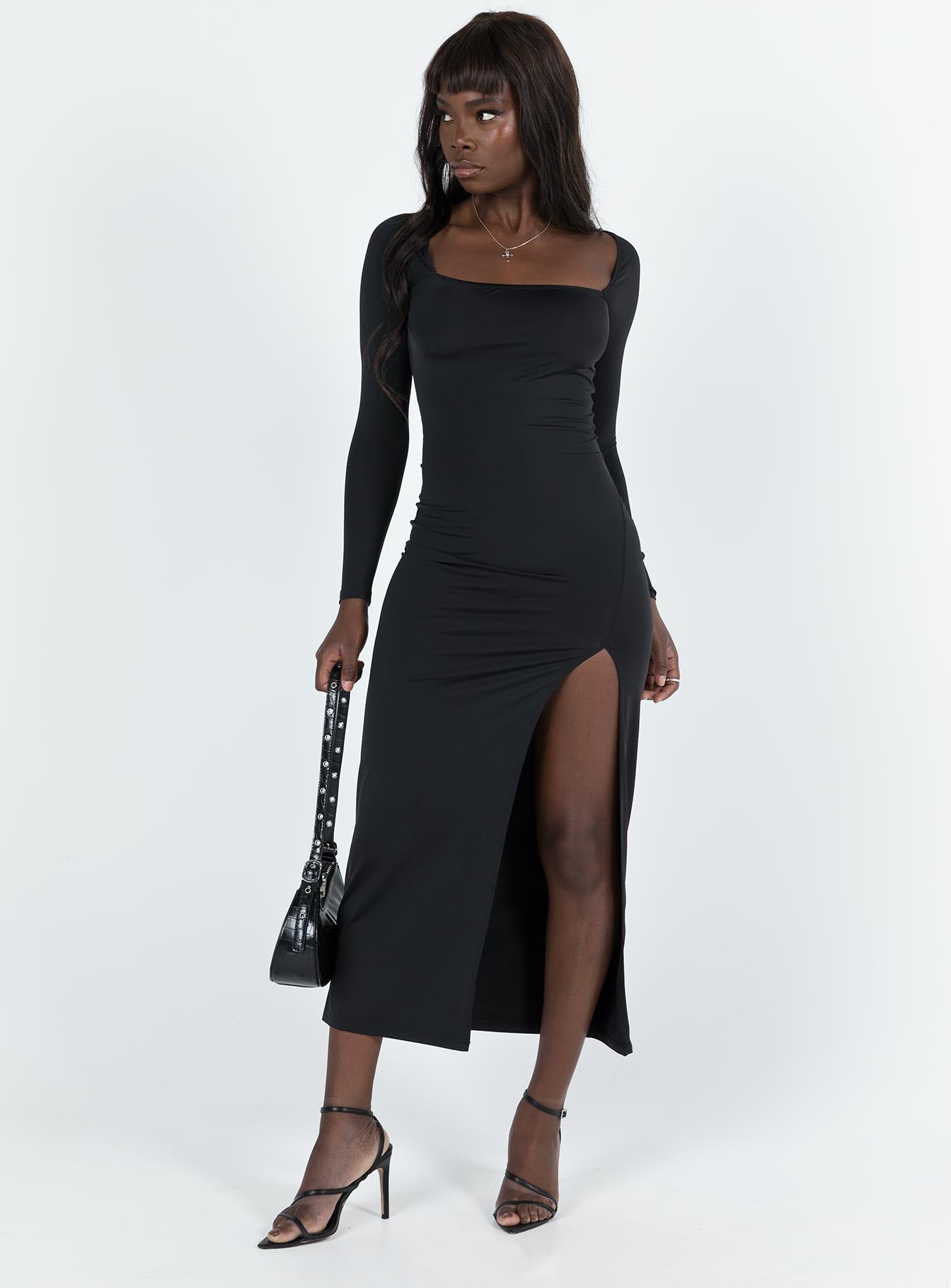 front view of model wearing Princess Polly Hayward Long Sleeve Midi Dress Black Square Neck 