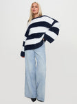 front view of model wearing Princess Polly Nerina Knit Sweater Blue / White Stripe Long 