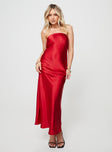 Strapless satin maxi dress, bias cut Inner silicone strip, invisible zip fastening at side, tie fastening at back, cowl back Slight stretch, lined bust
