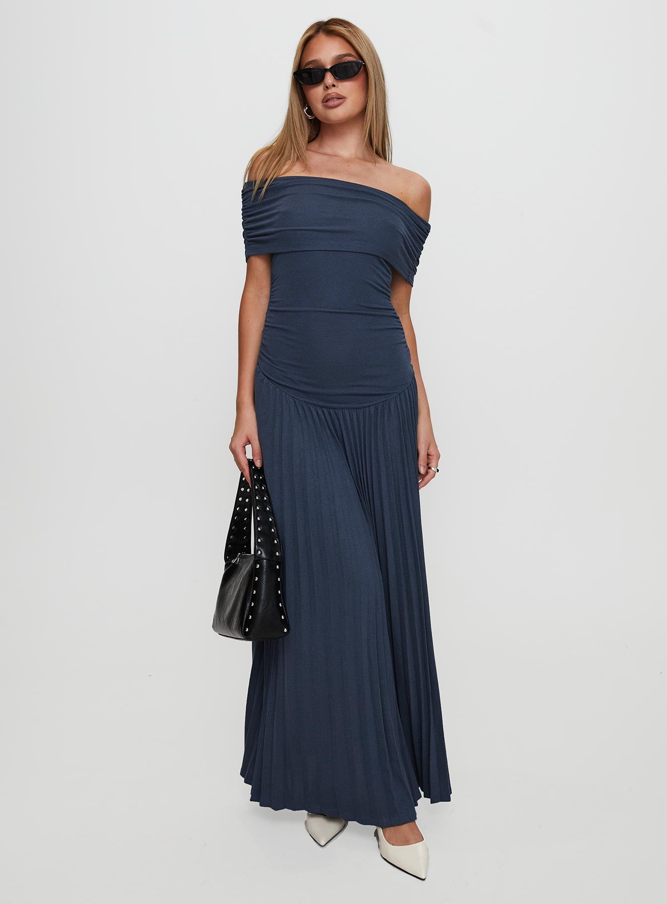 front view of model wearing Princess Polly Field Of Dreams Maxi Dress Navy Straight Neck 
