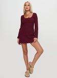 front view of model wearing Princess Polly Sandyra Knit Mini Dress Maroon Scoop Neck 