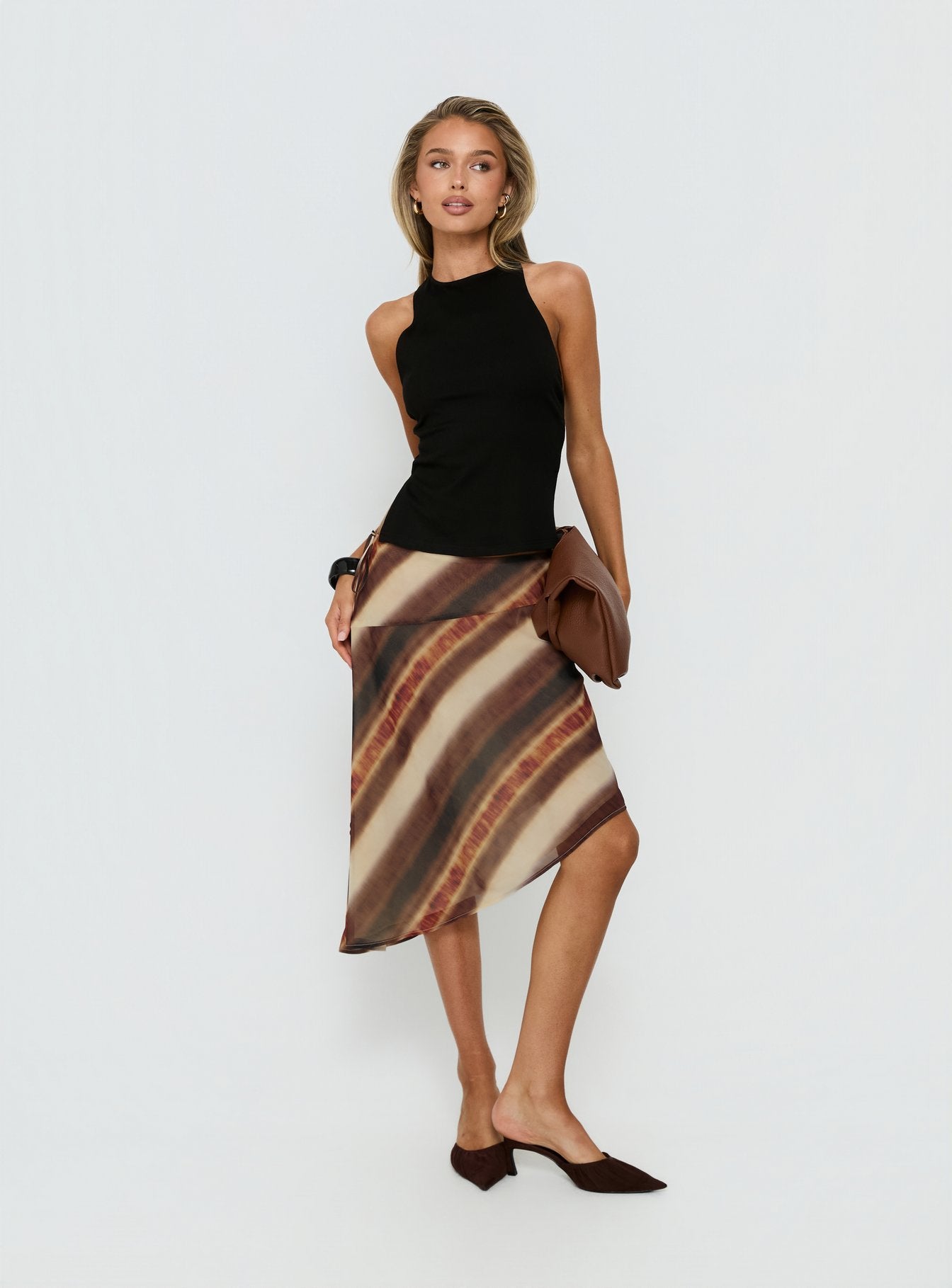 Esmira Asymmetrical Midi Skirt Brown Stripe | Princess Polly