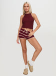 front view of model wearing Princess Polly Arianell Halter Knit Top Maroon Sleeveless High Neck 