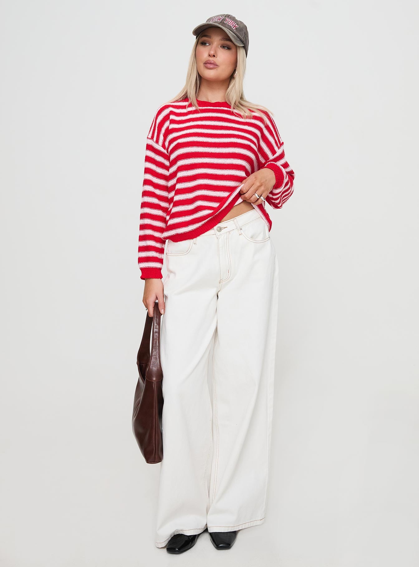 front view of model wearing Princess Polly Freeze Knit Sweater Red Cropped 