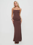 front view of model wearing Princess Polly Marchesi Cupro Maxi Dress Chocolate Square Neck 