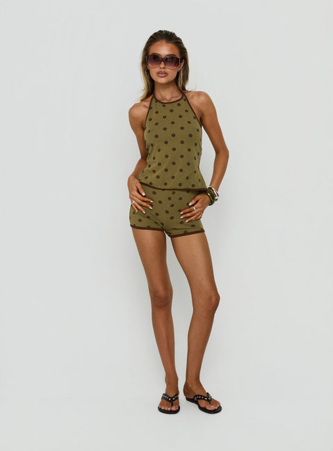 Speranza High Neck Halter Top / Green Polka Dot