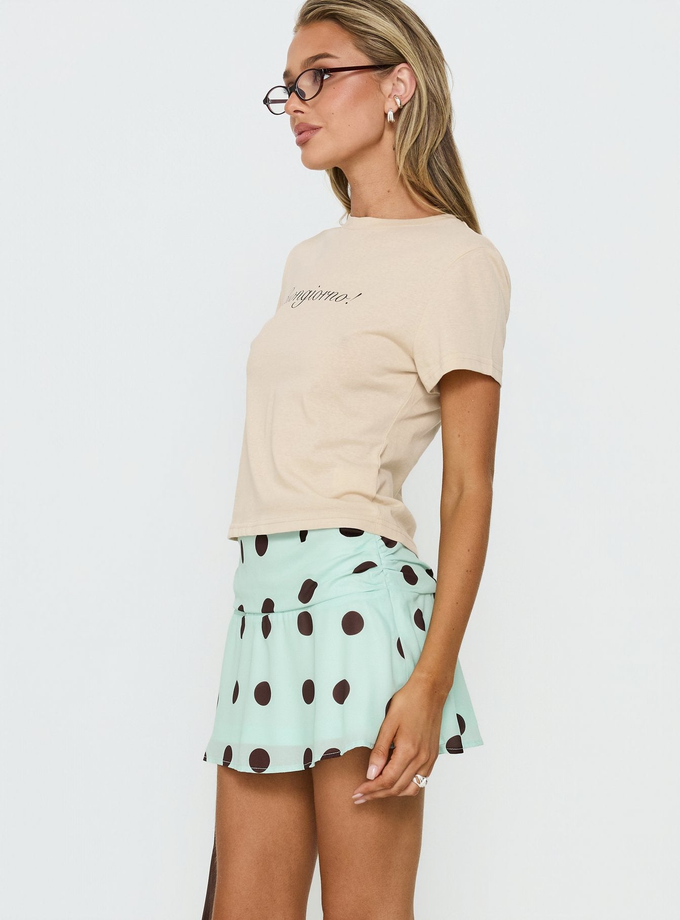 Elicia Ruched Mini Skirt Mint / Chocolate Polka Dot | Princess Polly