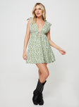 Floral mini dress Plunging neckline, tie fastening shoulder straps, elasticated waistband Non-stretch material, lined bust