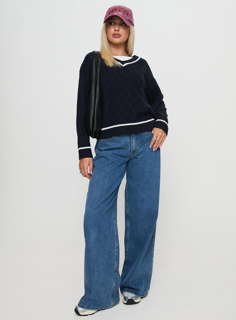 front view of model wearing Princess Polly Covina V Neck Knit Sweater Navy 