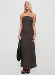 front view of model wearing Princess Polly Yahir Strapless Maxi Dress Brown Straight Neck 