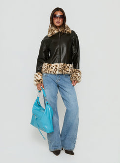 Stevvie Faux Fur Collared Jacket Black / Leopard