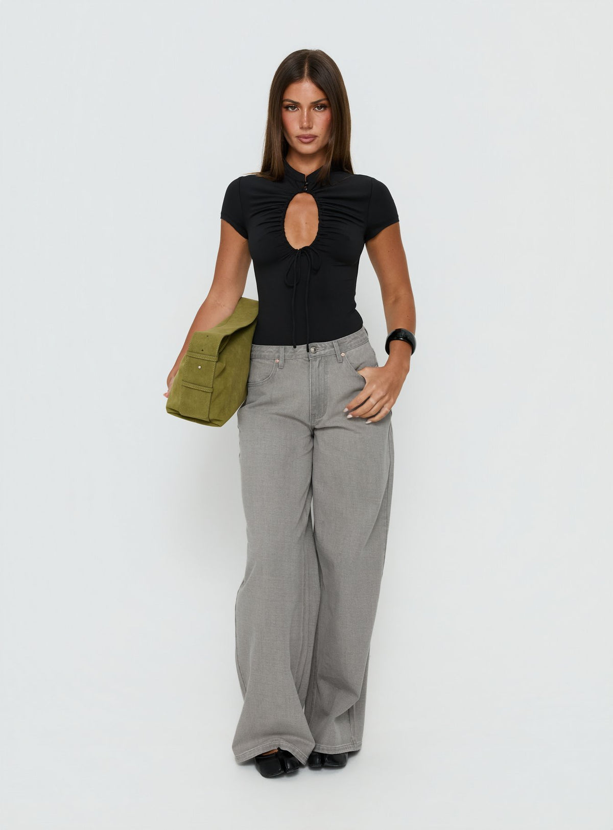 Styled Naylor Mid Rise Wide Leg Jeans Light Grey Wash in womens-jeans front view of model wearing Princess Polly