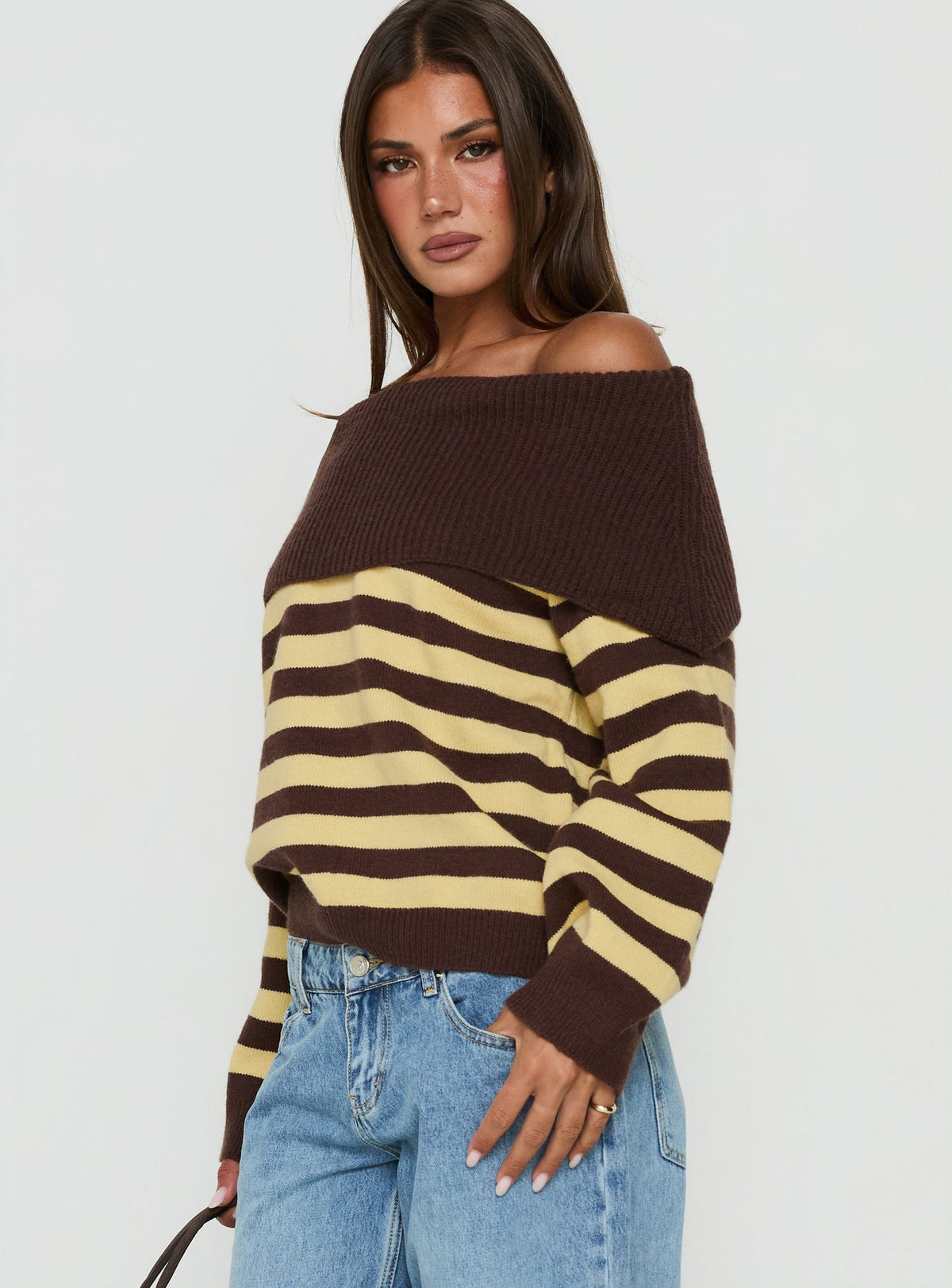 Next Page Foldover Long Sleeve Knit Sweater Brown / Yellow Stripe