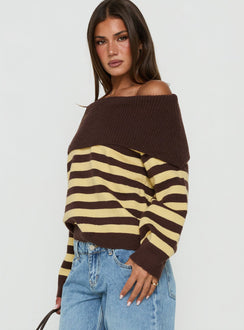 Next Page Foldover Long Sleeve Knit Sweater Brown / Yellow Stripe
