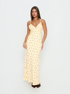 Morcar Frill V Neck Maxi Dress Yellow Floral