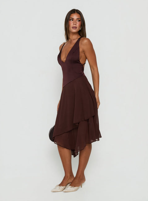 Emeliah Asymmetrical Plunge Midi Dress Brown