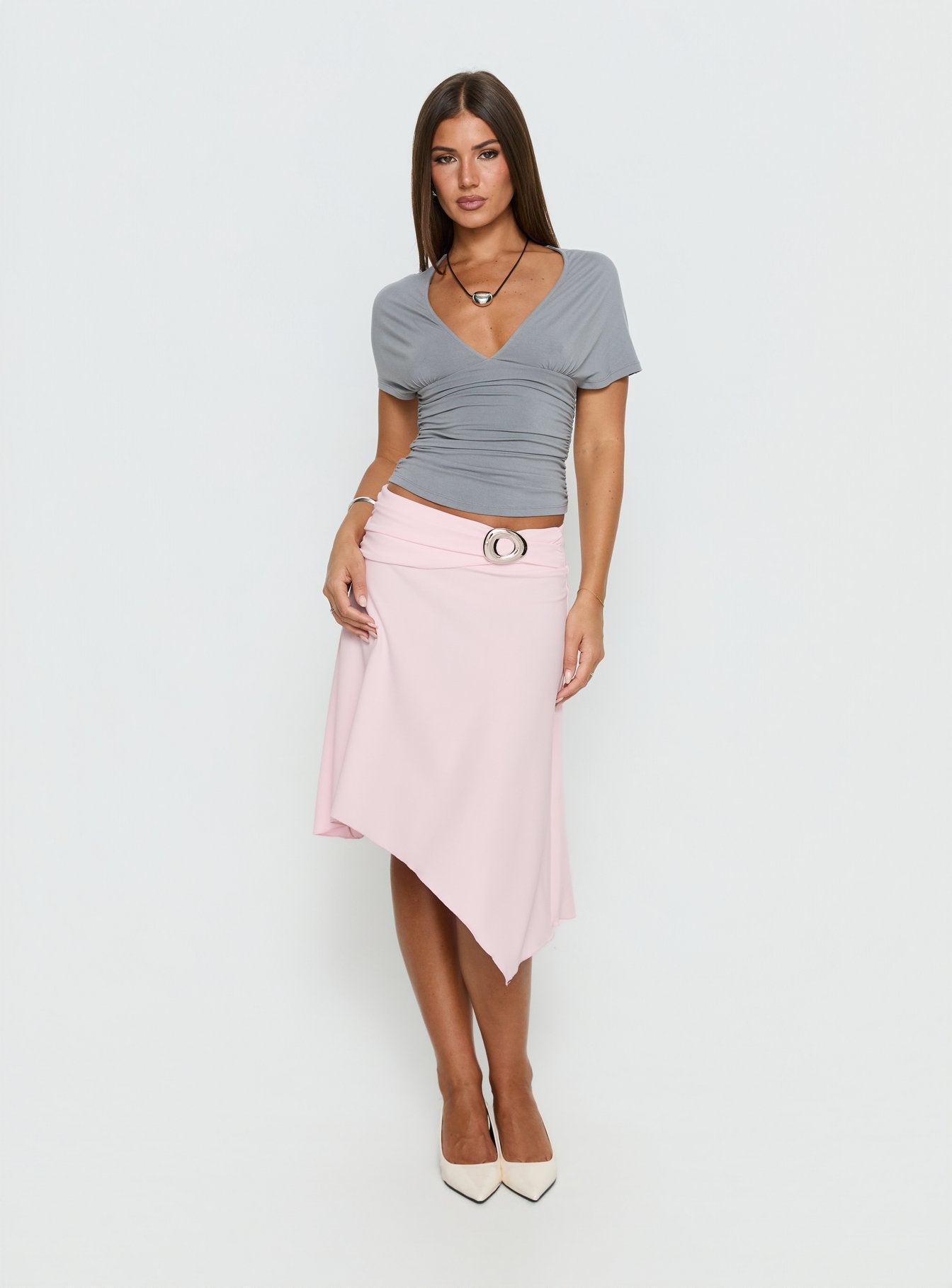 Ismora Asymmetrical Midi Skirt Pink | Princess Polly