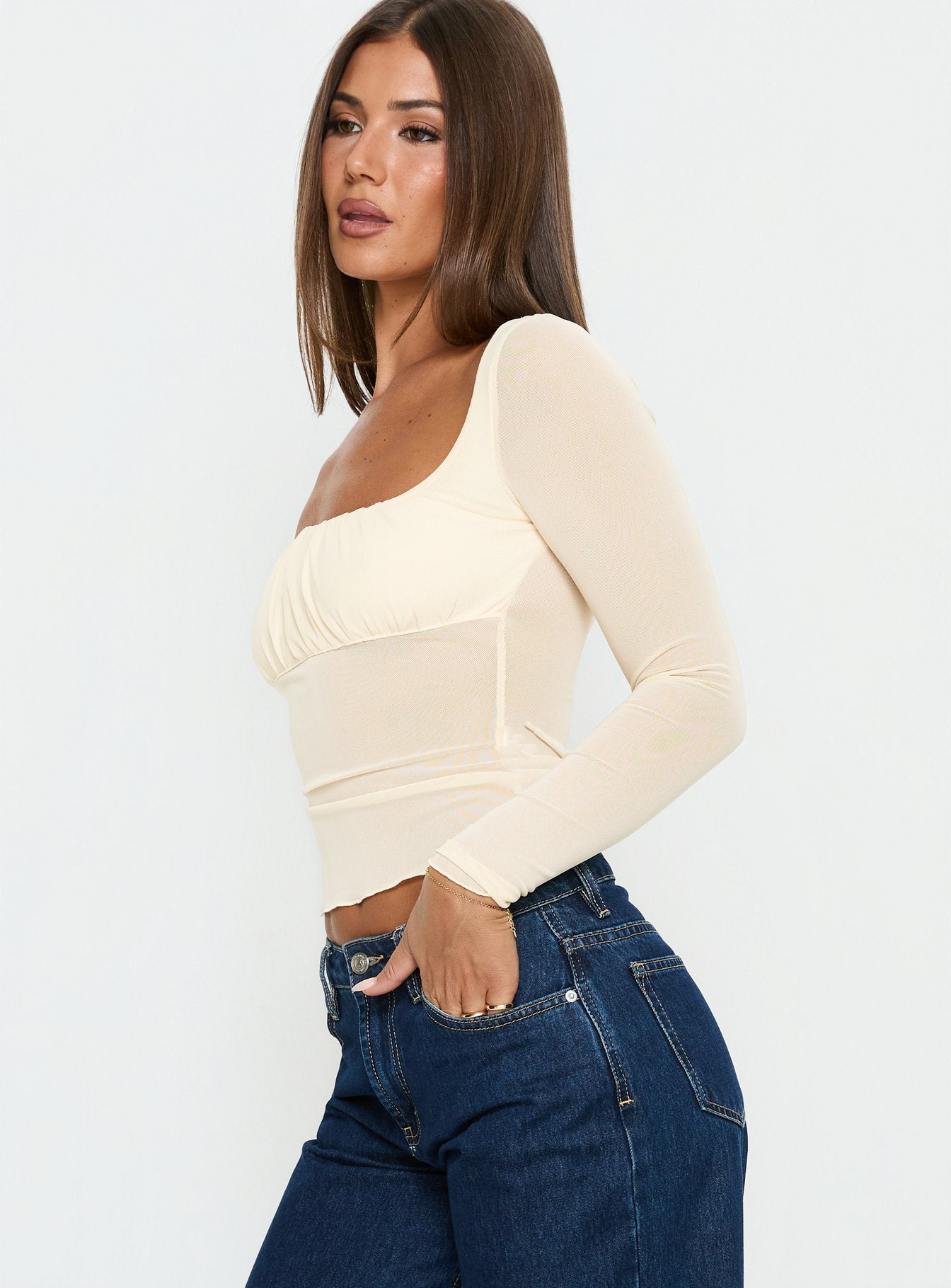 Victoire Long Sleeve Mesh Top Beige | Princess Polly