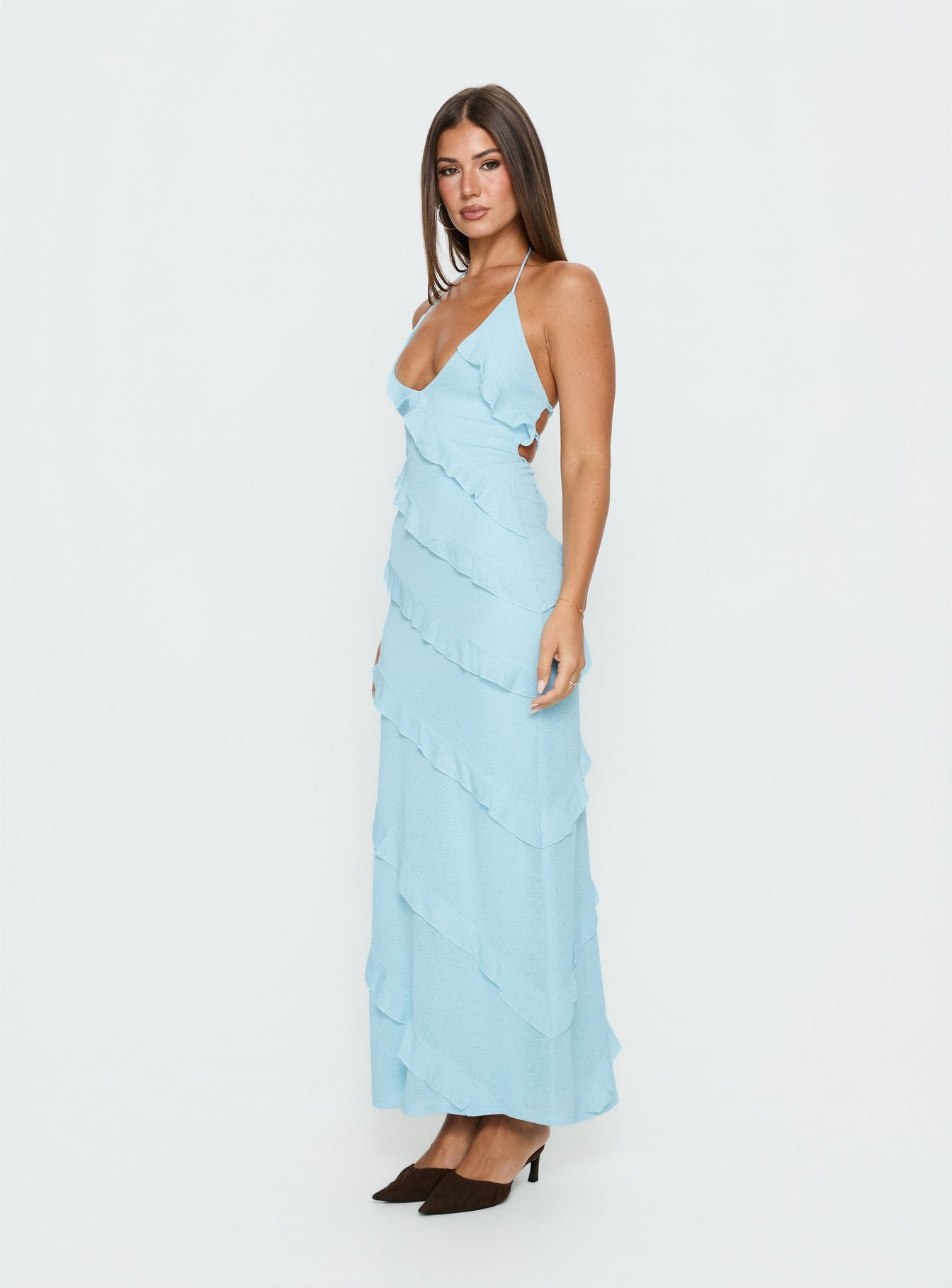 Adesta Frill Halter Maxi Dress Blue | Princess Polly