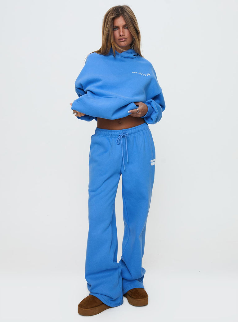 Princess Polly Wide Leg Track Pant Bubble Text Blue