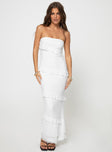 Strapless maxi dress, mesh material Inner silicone strip at bust, frill detail, layered hem Good stretch, fully lined