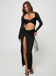 Long sleeve maxi dress Square neckline, knot detail at bust and waist, cutout at front, slit at side Good stretch, fully lined