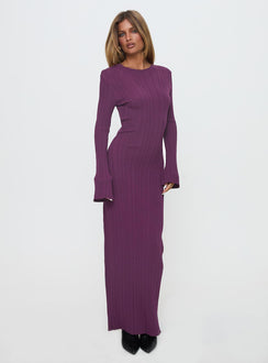 front view of model wearing Princess Polly Tesley Long Sleeve Maxi Dress Burgundy Crew Neck 