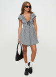 Black and white Gingham romper Puff sleeve, deep v neckline, shirred material, invisible zip fastening down back