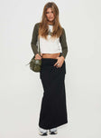 Black maxi skirt Drawstring waist with tie fastening, invisible zip fastening at back, twin-leg pockets, split at back