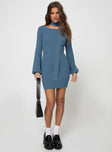 Mini dress, knit like material Off- shoulder long sleeve, slight puff to sleeve cuff Tie around neck detail 