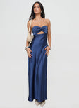 Strapless satin maxi dress Inner silicone strip at bust, pleated design, elasticated straps at back, low cowl back Non-stretch material, lined bust