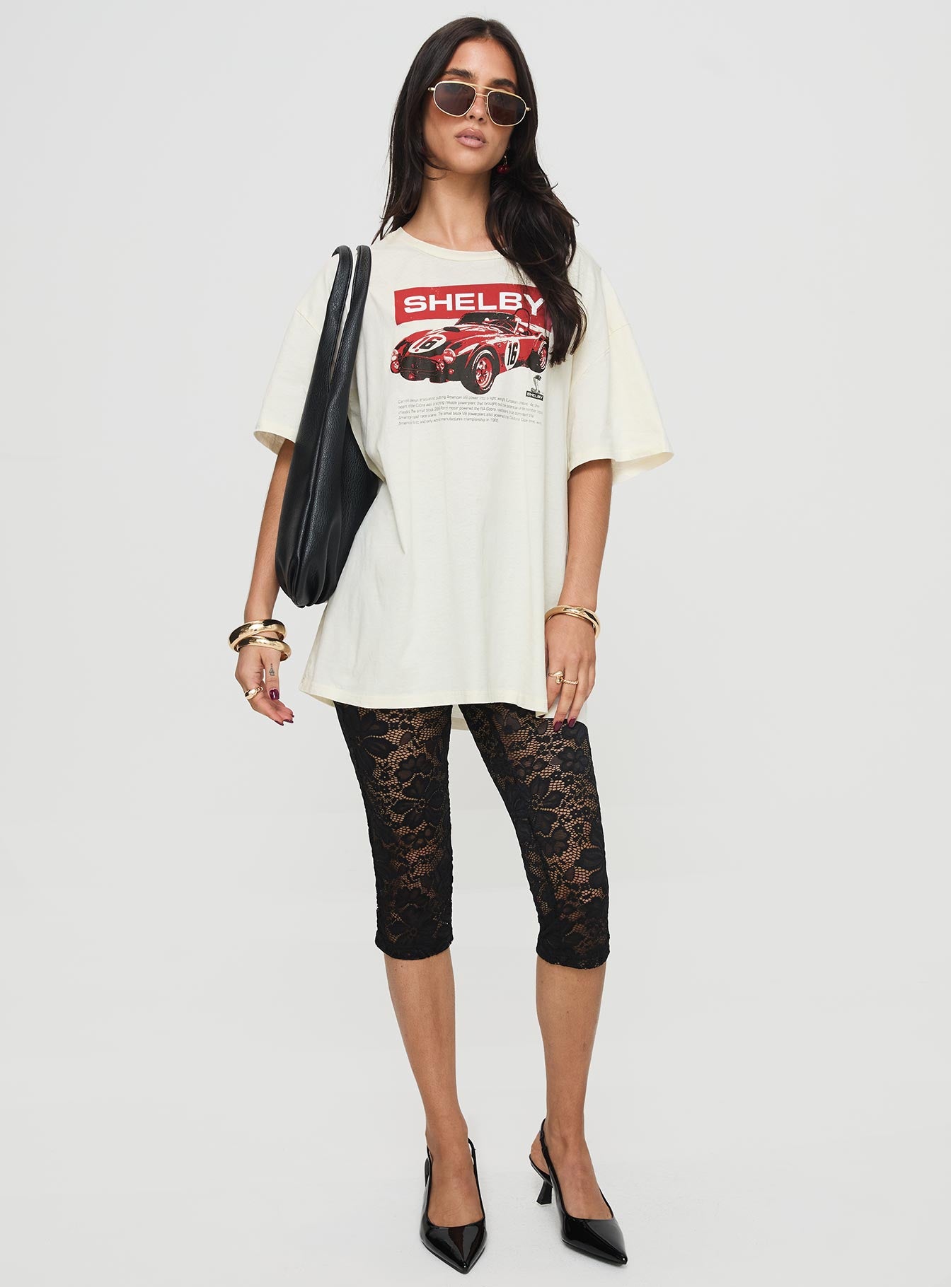 front view of model wearing Princess Polly Soto Lace Capris Black High Waisted Pants 