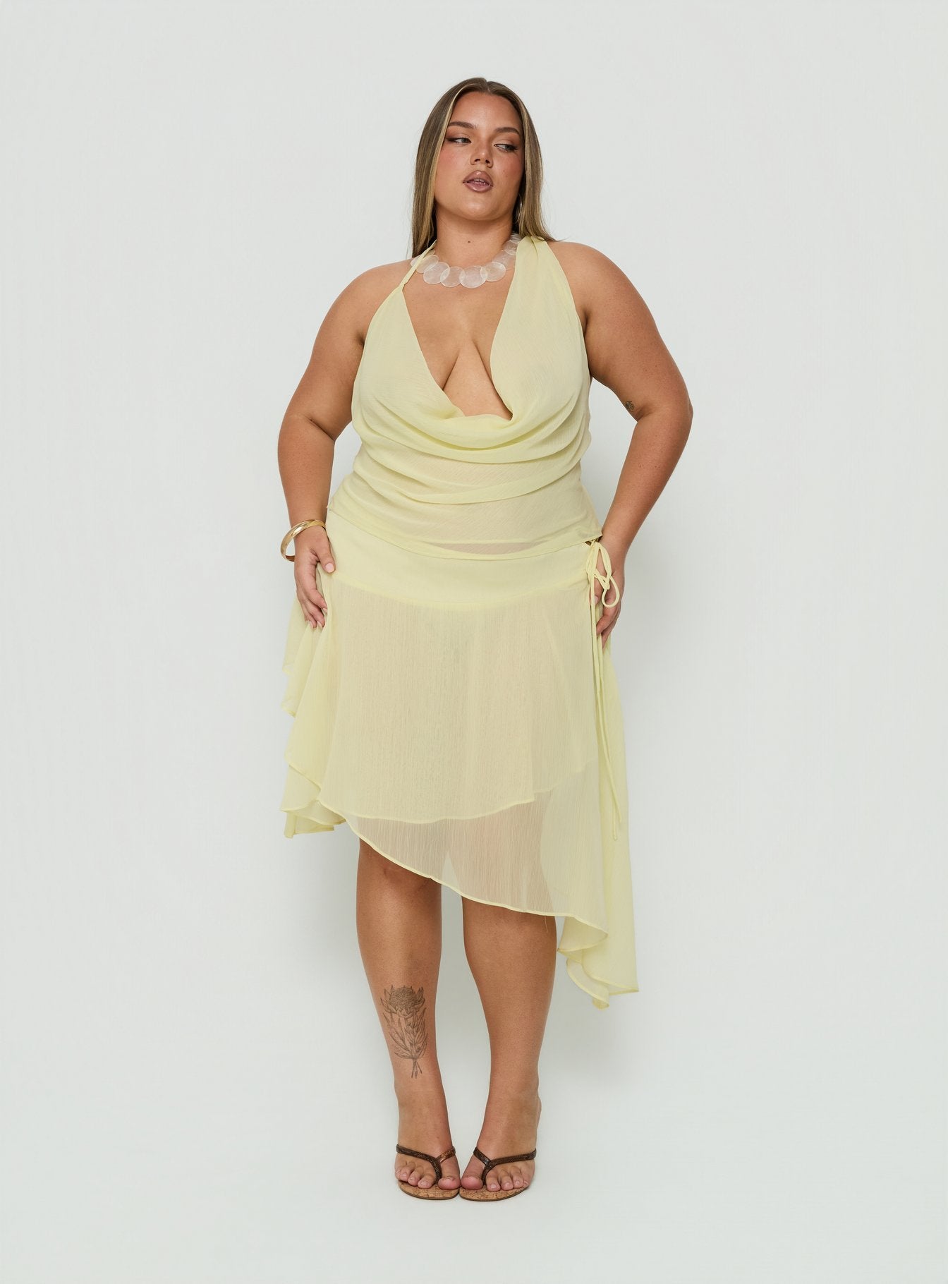 Evaleine Asymmetrical Chiffon Midi Skirt Baby Yellow Curve
