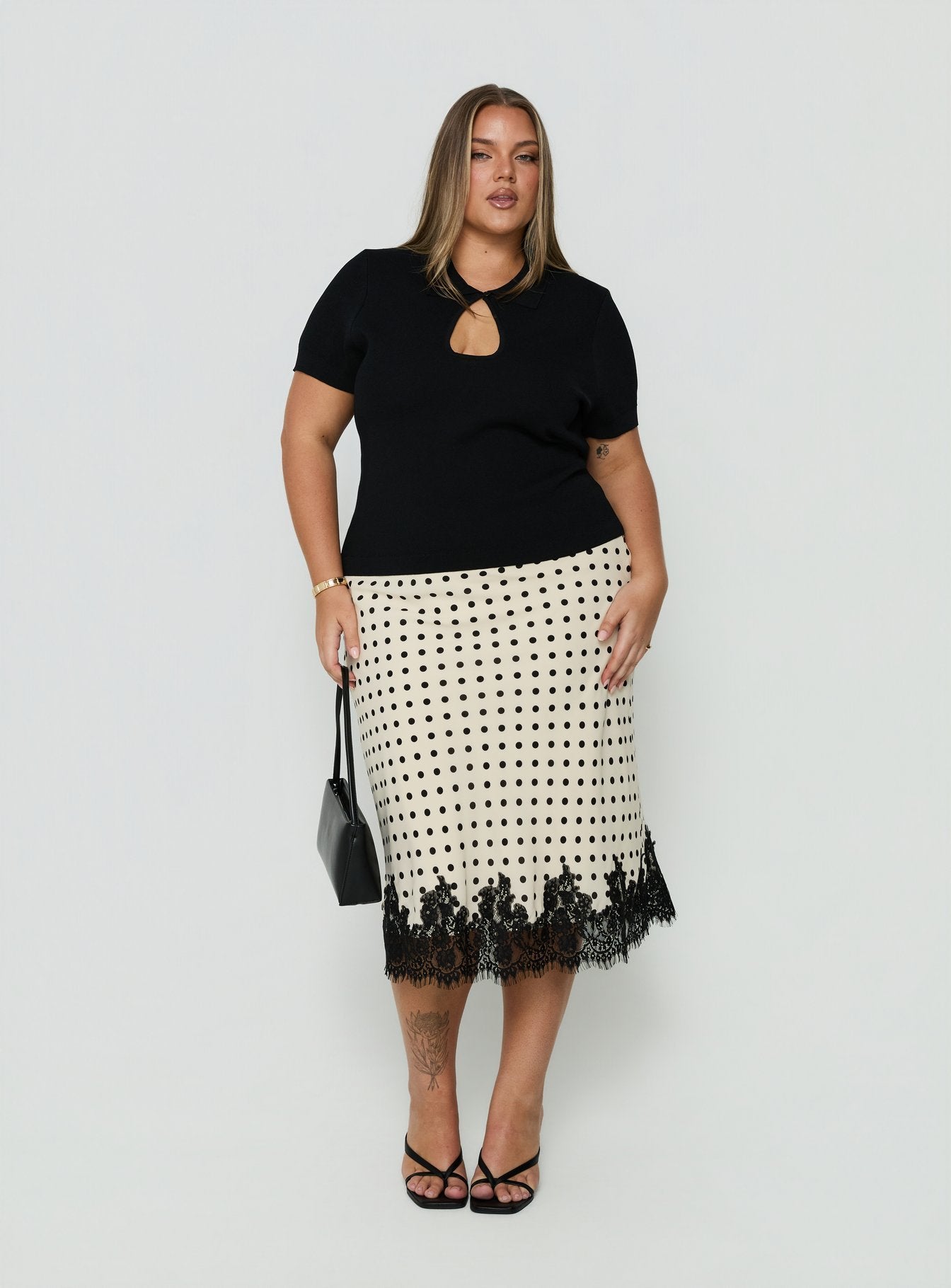 Downtown Scene Lace Trim Maxi Skirt Cream Polka Curve