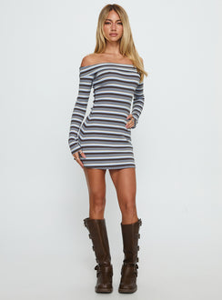 Tosie Long Sleeve Off Shoulder Mini Dress Blue Stripe