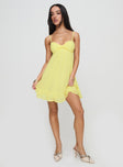 front view of model wearing Princess Polly Stolen Kisses Mini Dress Lemon Sweetheart Neckline 