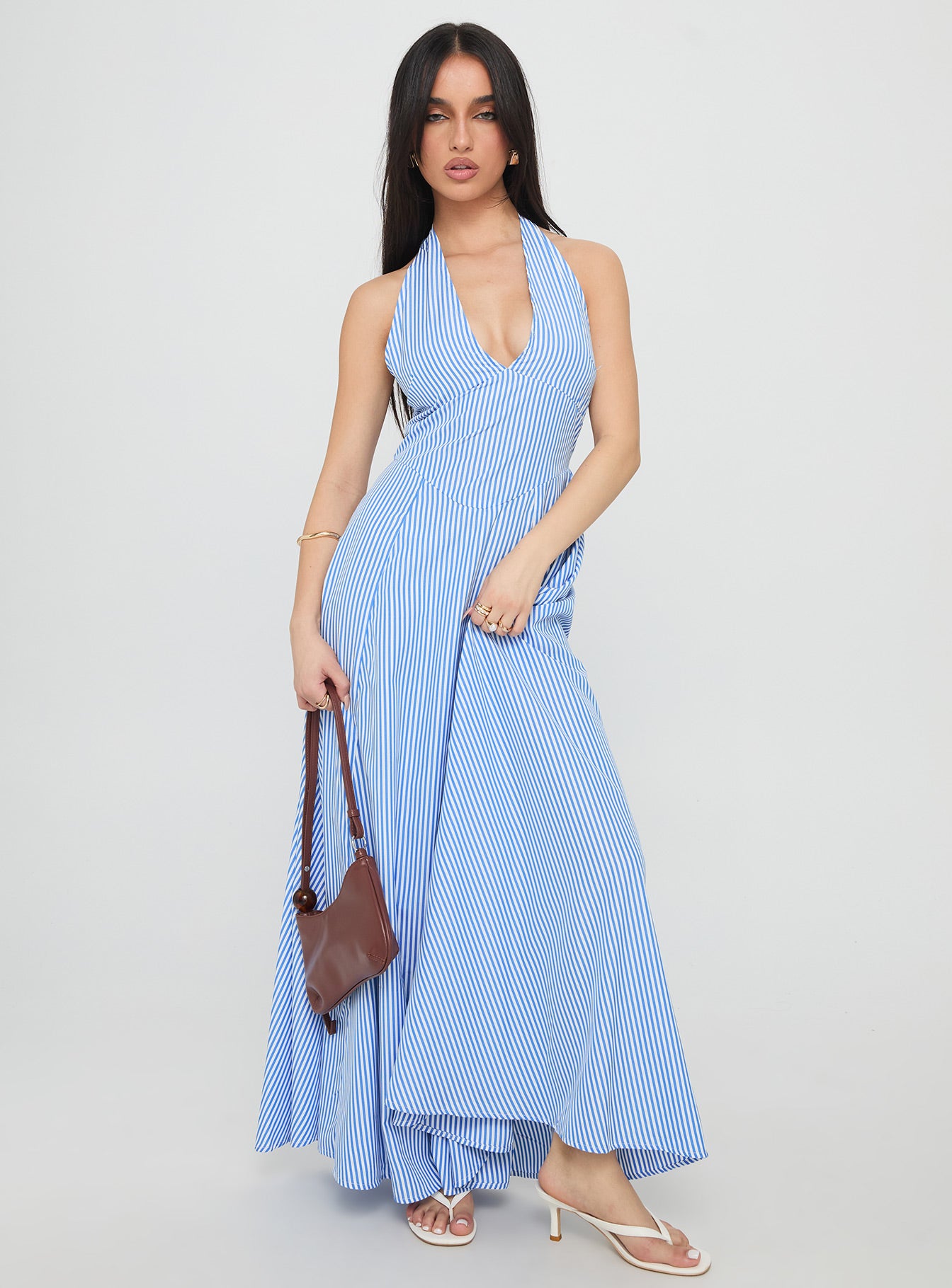 Ivie Halter Plunge Maxi Dress Blue Stripe | Princess Polly Ivie Halter Plunge Maxi Dress Blue Stripe | Princess Polly