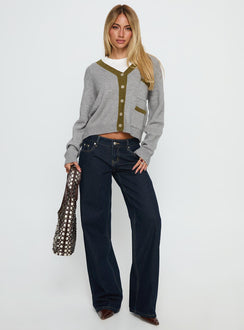side view of model wearing Princess Polly Atira Contrast Knit Cardigan Grey Cropped 