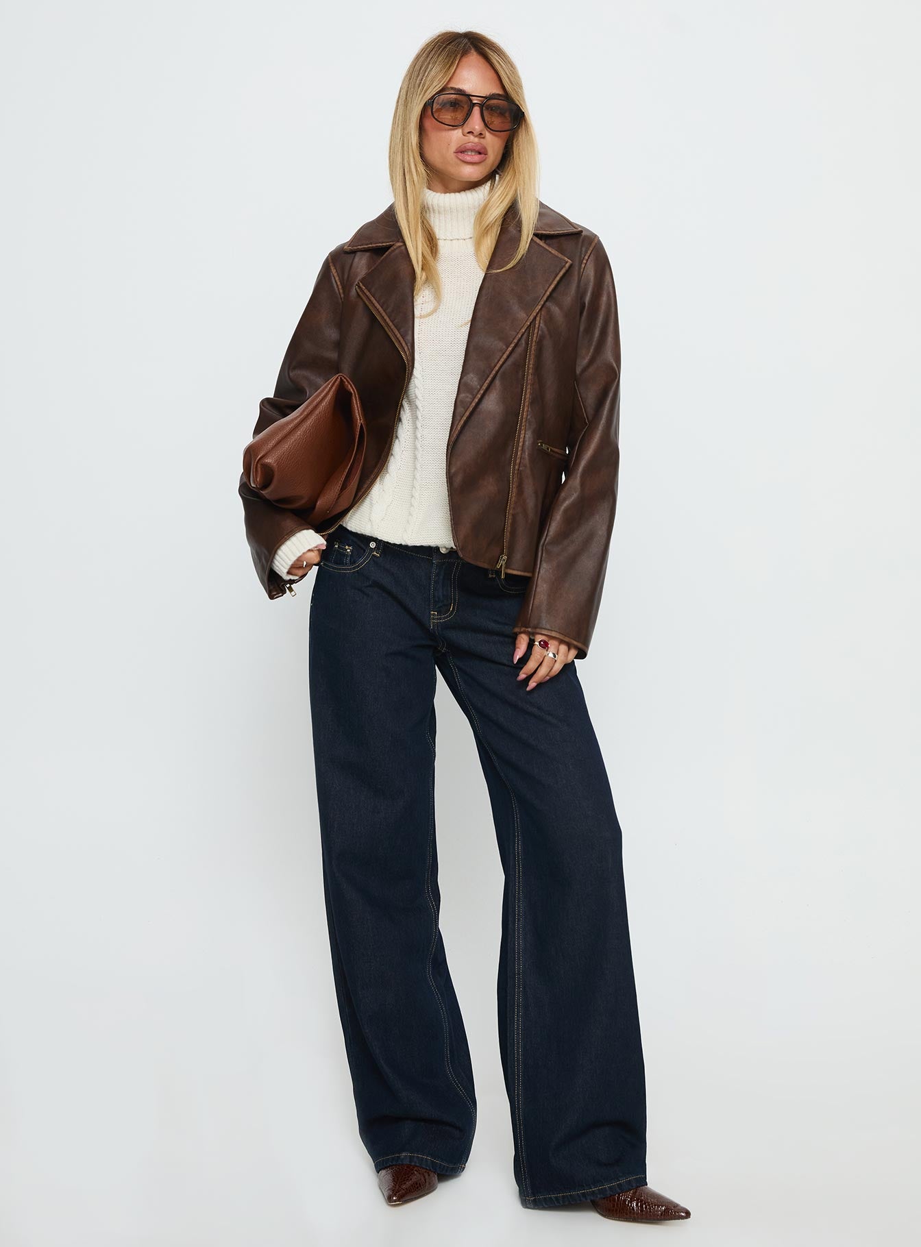 Vyolette Faux Leather Collared Jacket Washed Brown | Princess Polly