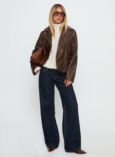 Vyolette Faux Leather Collared Jacket Washed Brown