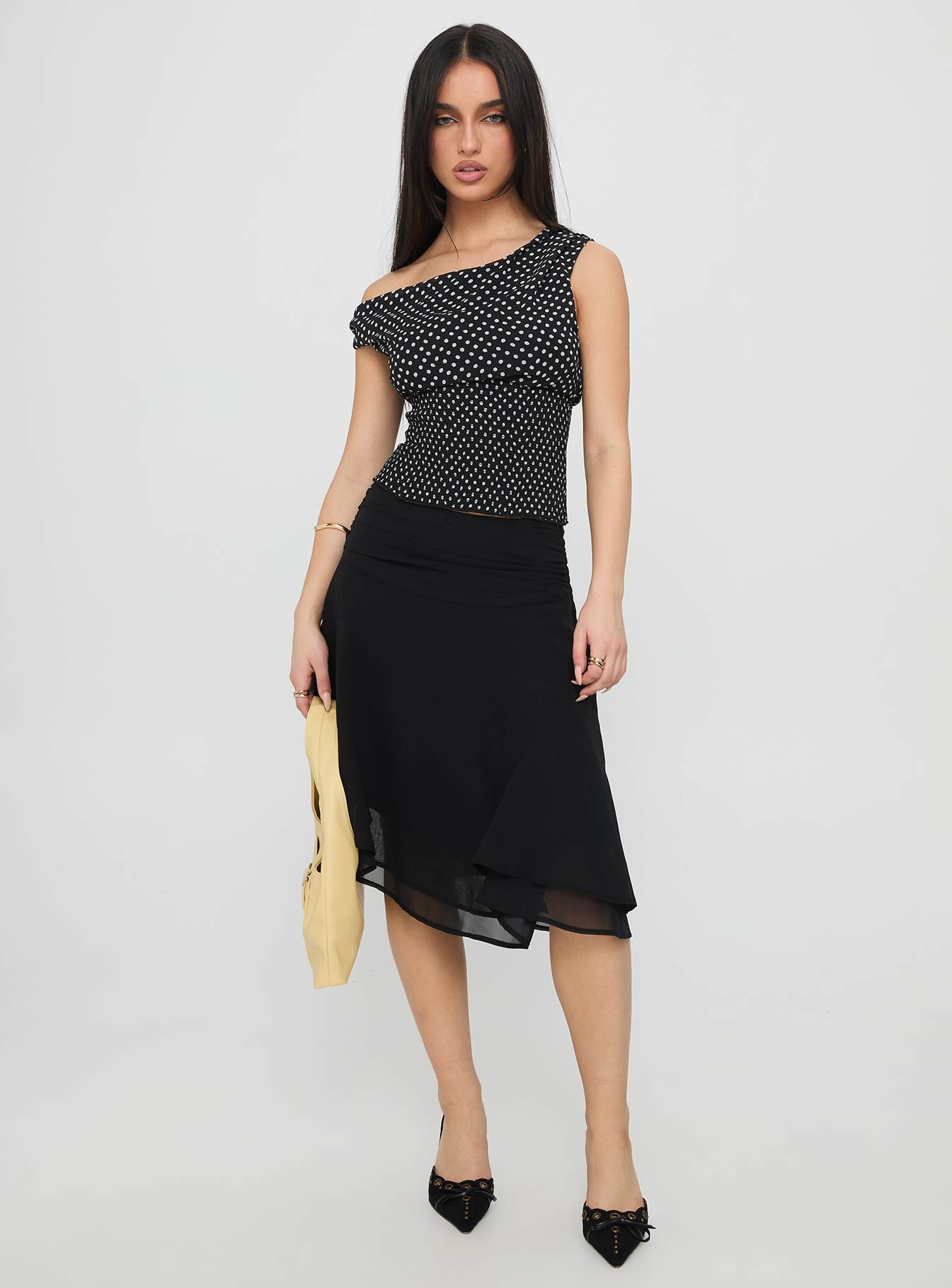 Evanescence Asymmetrical Midi Skirt | Black | Womens | Princess Polly Evanescence Asymmetrical Midi Skirt | Black | Womens | Princess Polly