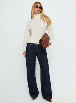 front view of model wearing Princess Polly Tarynne Cable Knit Turtle Neck Sweater Beige Long 