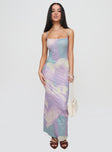 front view of model wearing Princess Polly Norila Maxi Dress Slinky Orchid Petals Lilac Square Neck 