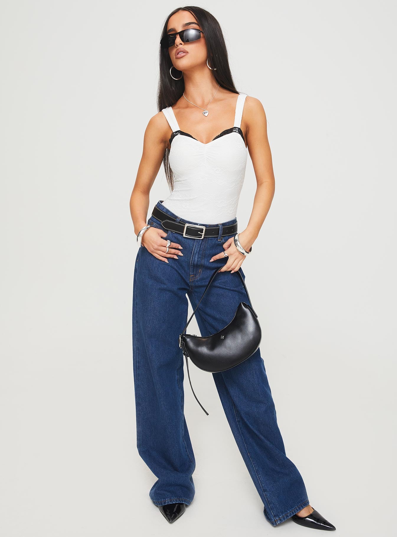 front view of model wearing Princess Polly Landry Lace Bodysuit White Sleeveless 