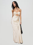 side view of model wearing Princess Polly Faviola Strapless Maxi Dress Champagne Sweetheart Neckline 