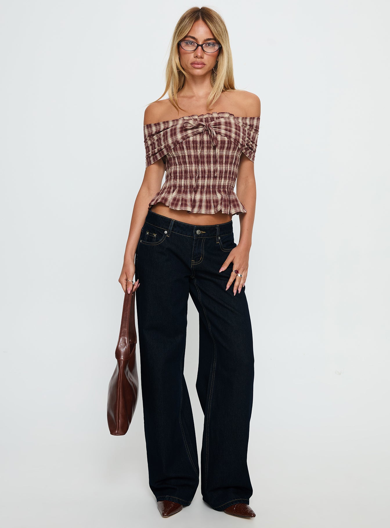 Avalynn Off Shoulder Shirred Top Brown Check | Princess Polly